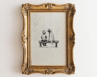 Watercolor Boy and Golden Retriever Print, Neutral Nursery Decor, Vintage Aesthetic Dog Sketch Art, Grandmillenial Print, Digital Download