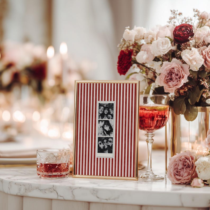 A set of 3 custom Photo Booth print in a red, pink and striped red and white color.
