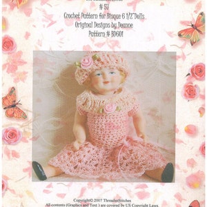 May include: A bisque doll in a handmade pink crochet dress, hat, and collar, decorated with roses. The doll is seated, wearing black shoes. The image includes text: "Threadsnstitches #57 Crochet Pattern for Bisque 16.5cm Dolls".