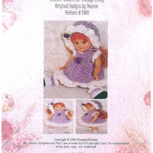 May include: A crochet pattern for a vintage Ginny doll. The image shows a doll wearing a purple dress, hat, and shoes. The text reads "Threadsnstitches Crochet Pattern for Vintage Ginny Original Designs by Deanne Pattern # V601".