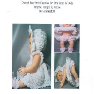 May include: A crochet pattern for a four-piece doll ensemble for 38 cm dolls. The pattern includes a bonnet, dress, and booties. The text reads "Threadsnstitches" and "Crochet Four Piece Ensemble for Tiny Tears 15" Dolls".