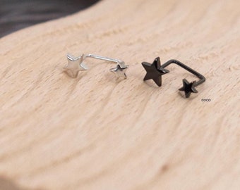 Black Tiny Star Open Huggie Hoop Earrings - Sterling Silver Star Earrings - Star Stud -Screw Back Earring - Silver Stud Earrings