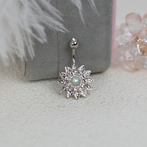 Flower Belly Button Rings - Belly Ring Silver -14G 316L Stainless Steel Crystal Belly Button Ring - Belly Button Piercing- Belly Button Ring