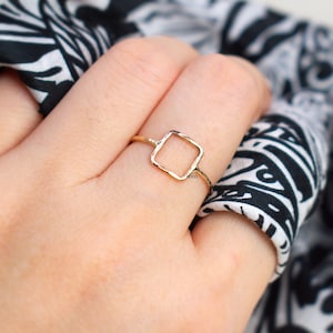 Gold Square Ring - Open Simple Ring -Geometric Rings - Open Square Ring - Hammered Square Ring - Dainty Ring - Gold Stacking Ring