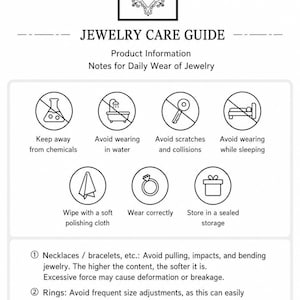 May include: A black and white jewellery care guide infographic titled HandCraftByCoco. It features icons illustrating instructions to avoid chemicals, water, scratches, and sleeping while wearing jewellery, plus tips on cleaning, storage, and handling.