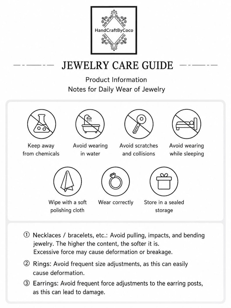May include: A black and white jewellery care guide infographic titled HandCraftByCoco. It features icons illustrating instructions to avoid chemicals, water, scratches, and sleeping while wearing jewellery, plus tips on cleaning, storage, and handling.