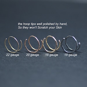 May include: Four nose rings in different gauges, 22 gauge, 20 gauge, 18 gauge, and 18 gauge. The hoop tips are well polished by hand, so they won't scratch your skin.