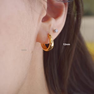 May include: A gold hoop earring with a 12mm diameter, featuring a series of small, embedded clear stones arranged in a star-like pattern along the outer surface. The earring is worn in the earlobe, accompanied by a small stud earring above it.