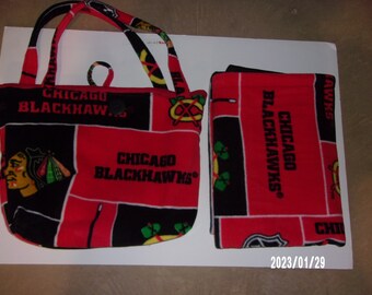 Chicago Blackhawks Receiving Blanket and Matching Tote Bag (Diaper Bag) Block Pattern