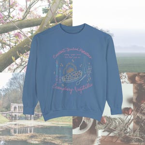 May include: A blue long-sleeved sweatshirt with a pink and yellow design featuring a pie with the text "Excellent Boiled Potatoes" and "Exemplary Vegetable".