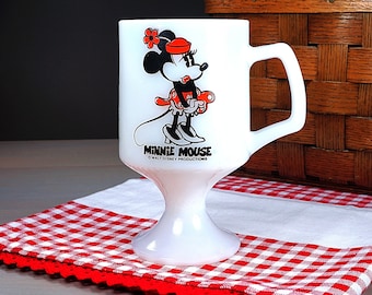 Vintage Minnie Mouse Pedestal Mug, White Milk Glass Cup, Walt Disney Productions, Collector Mug, Red and Black Enamel, 1960s, LIKE NEW COND