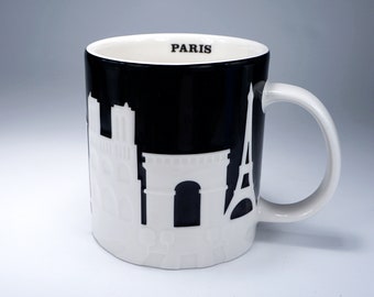 Scarce Starbucks PARIS France Coffee Mug in Black and White 3D Relief City Skyline Collector Series Cup Eiffel Tower Arc de Triomphe MINT