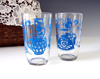 Swanky Swig / Drinking Glasses / Juice Glass / Glass Tumblers / Vintage Glassware / Enameled Glass / Blue Enamel / Vintage 1950s