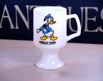 Vintage Donald Duck Pedestal Mug, White Milk Glass Cup, Walt Disney Productions, Collector Mug, Blue, Yellow, Black Enamel, 1960s, LIKE NEW!