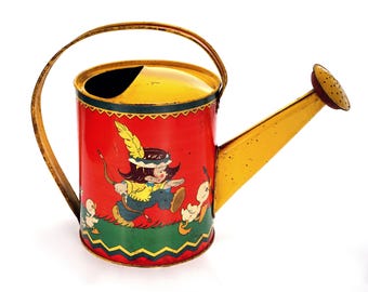 May include: Vintage red and yellow metal watering can with a whimsical illustration of a child with a bow and arrow chasing ducks. The can has a curved handle and a spout with small holes for watering plants. A charming piece for garden decor.