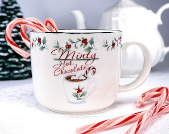 Pfaltzgraff WINTERBERRY Hot Chocolate Mug with Recipe, Off White, Winter Green, Candy Canes, Gift for Her, Christmas for Him, Collector Mug