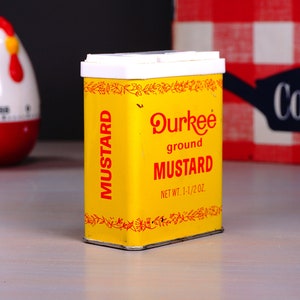 Vintage Durkee Mustard Spice Tin, Yellow Tin with Orange Red Letters , Collector/Advertising Tin, Retro Kitchen Decor, Farmhouse Tin, 1950s