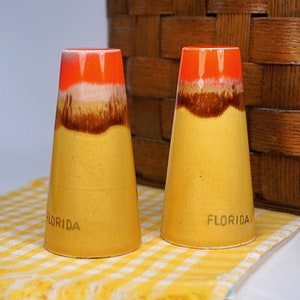 Vintage Ceramic Drip Glaze Salt and Pepper Shakers, Brown Orange Gold, Mid-century Collectible, Signed &quot;FLORIDA&quot;, MCM Kitchen Decor, 1960s