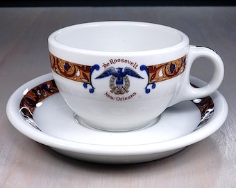 Vintage Shenango Restaurant Ware Hotel Cup and Saucer, THE ROOSEVELT, New Orleans, Art Deco, Top Logo Advertising Set, Never Used, 1957