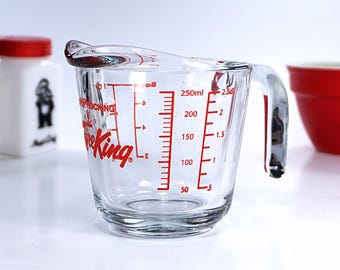 Fire King 1 Cup Size Glass Measuring Cup by Anchor Hocking, Bright Red Enamel, L Handle, Retro Kitchen Baking Tool, UNUSED and MINT