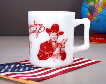 Hopalong Cassidy Mug with Red Enamel over White Glass, 1950s TV Cowboy, Childs Western Cup, Cowboys and Campfire, Hazel Atlas, LIKE NEW