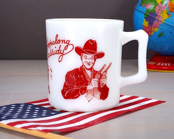 Hopalong Cassidy Mug With Red Enamel Over White Glass, 1950s TV