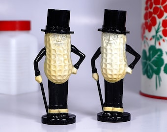 Mr Peanut Salt and Pepper Shakers . Original Atlas Plastic Stoppers . Figural Advertising Set . Vintage 1940s . Hard Plastic . Made In USA