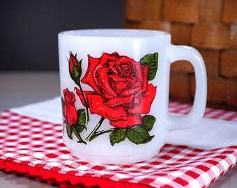 Vintage Glasbake Coffee Mug with Large Red Rose, D Handle, White Milk Glass, Stack Mug, Rose Poem, Mid-century, Made in USA, LIKE NEW, 1960s