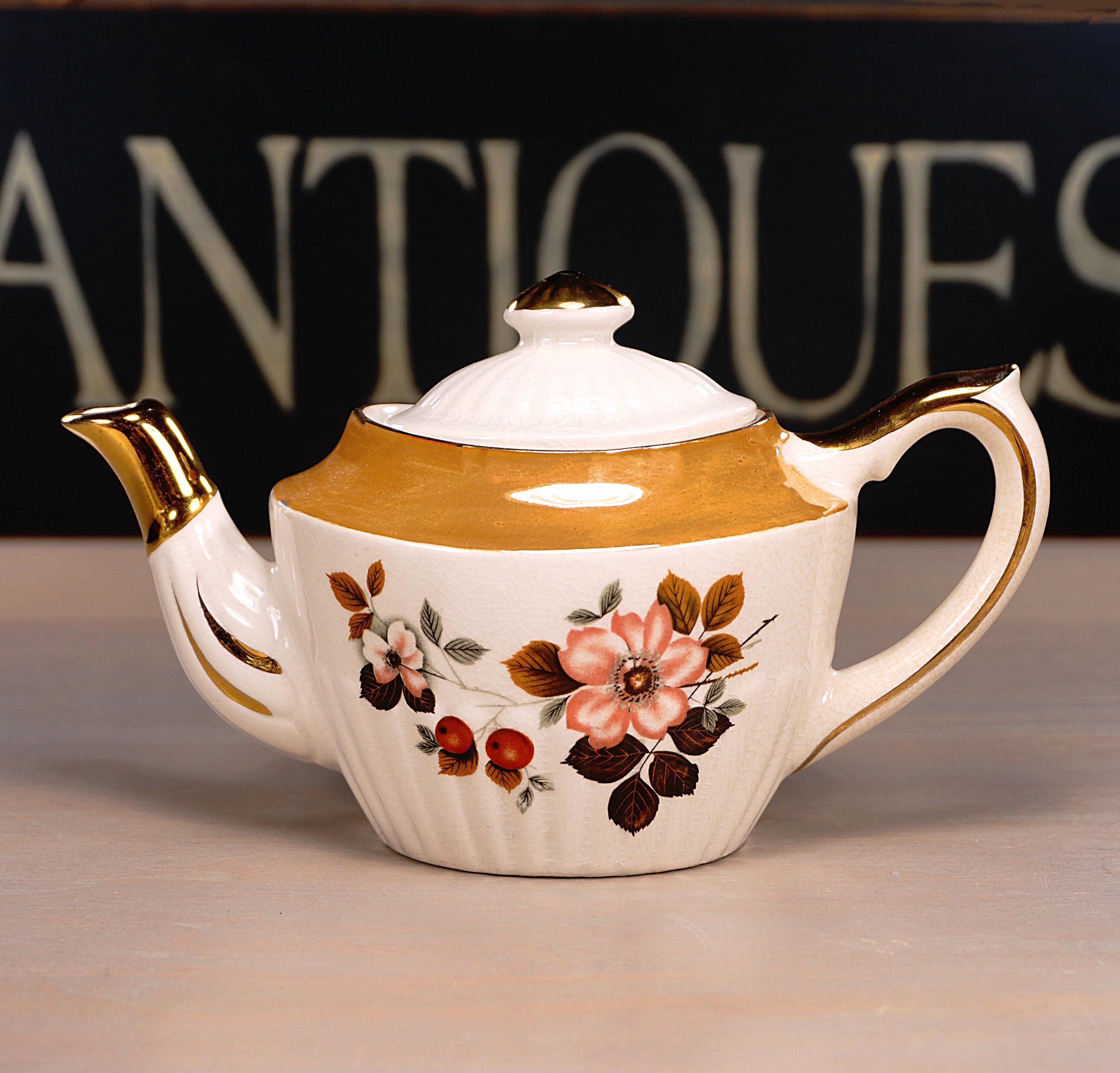 Vintage Gibson Small Teapot, Floral, Roses, Berries, Fancy Vintage Gibson Small Teapot, Floral, Roses, Berries, Fancy