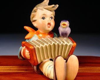 Hummel "Let's Sing" Seated Boy with Accordion, Vintage Figurine by Goebel Germany, Signed 3-line Blue Stamp #110/0, 1938, Great Collectible