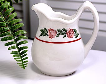 Jackson China Restaurant Ware Creamer, Cream Pitcher, Signed, Burgundy Flowers, Vintage Mid-century Kitchen Decor, Country Farmhouse, 1920s