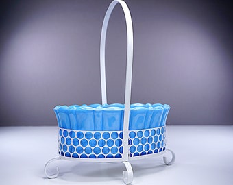 Blue Akro Agate Planter in Original Metal Carrier, Sky Blue Slag Glass, Oval, Ribbed, Made in U.S.A, Lacey Plant Holder, Mid-century Decor