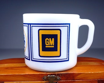 Vintage GM General Motors Coffee Mug, Advertising Coffee Cup, White Milk Glass Cup, Man Cave Gift, Auto Worker Gift, Car Company Collector