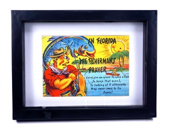 Antique Curt Teisch & Co. Framed Linen Postcard, THE FISHERMANS PRAYER, Florida, Large Fish, Mid-century, Man Fishing, Gift for Him, 1950s