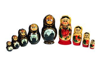 Vintage Hand-Painted Nesting Dolls, USSR Folk Art, Two Sets