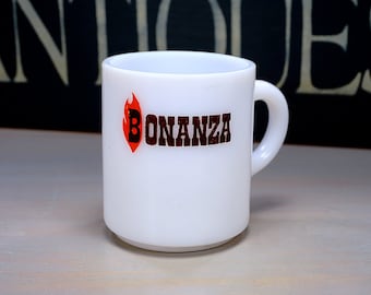 Vintage Bonanza Restaurant Advertising Coffee Mug, White Milk Glass Coffee Cup with Steakhouse Restaurant Flame Logo, Like New Cond.