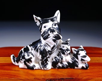 Cute Little Terrier Mom and Puppies Figurine, Made in Occupied Japan, Black and White Ceramic Dogs, Vintage 1940s