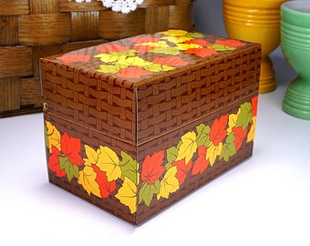 Vintage Tin Litho Recipe Box, Autumn Leaves, Basketweave, Fall Colors, Yellow, Green, Orange, Metal Card Holder Box, Mid-century Decor 1970s