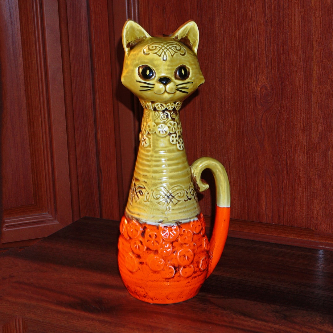 Midcentury Ceramic Cat Figurine, Big Eyes Atomic Cat, Long Neck Tall