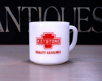 Vintage Advertising Coffee Mug, Keystone Quality Gasolines, Federal Glass, White Milk Glass with Red Logo, Collector Mug, Gift for Him 1960s