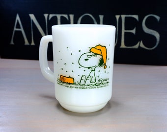 Fire King SNOOPY FRENCH TOAST Milk Glass Mug, Yellow Hat and Bowl, Snoopy in the Snow, Schulz Peanuts Collector Cup, Vintage 1958