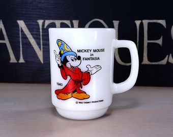 Vintage Mickey Mouse Collector Mug, 1940 Sorcerer Mickey from Fantasia, Milk Glass Cup, Walt Disney, Red and Black Enamel, 1960s, LIKE NEW
