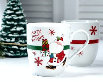 Fitz and Floyd Christmas Mug Set, MERRY AND BRIGHT, Mugs with Santa Clause and Snowman, Couples Holiday Gift, New, Retired, Unused Set