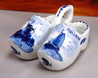 Vintage Delft Holland Handpainted Shoes / Clogs, Blue and White, Windmill, Sailboat, 1980s