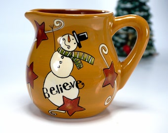 Lang BELIEVE Holiday Redware Creamer, Snowman with Scarf Cup, Christmas and Vintage Home Decor, Gift for Friend, Winter Tableware