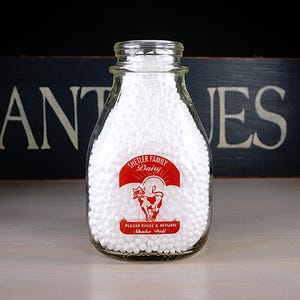 Vintage Shetler Dairy Small Cream Milk Bottle, 5 1/2&quot; Tall, Red Enamel, Cow Chewing Grass, Kalkaska Michigan, MINT Bottle, Unused