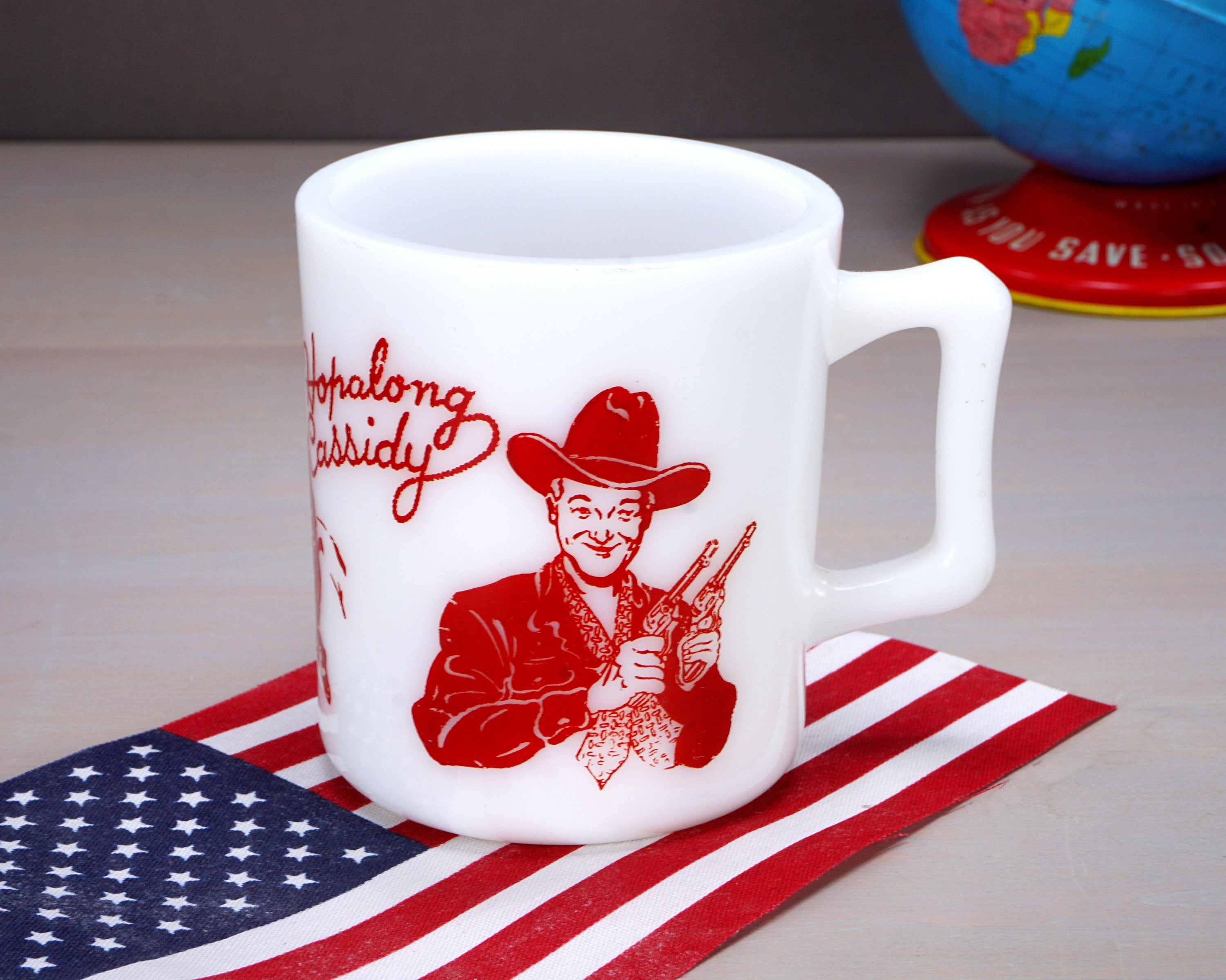 Hopalong Cassidy Mug With Red Enamel Over White Glass, 1950s TV