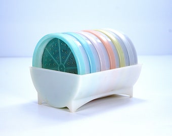 Vintage Tupperware Coaster Set in Pastel Colors, Set of Six Wagon Wheel Coasters and One Caddy Tray Holder, Mid-century 1970s,