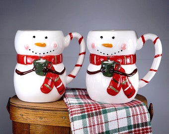 Williams Sonoma Hot Cocoa Mugs Pair (2), Happy Frosty Snowman Chocolate Mugs, Cocoa for Santa Christmas Eve Mug, Candy Cane Holder Cups