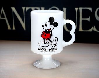 Vintage Mickey Mouse Pedestal Mug, White Milk Glass Cup, Walt Disney Productions, Collector Mug, Red and Black Enamel, LIKE NEW COND, 1960s